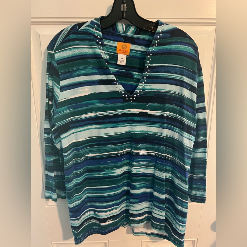 Ruby Road 3/4 Sleeve Multi Colored Blue Top with Silver Bead Embellishment 1X